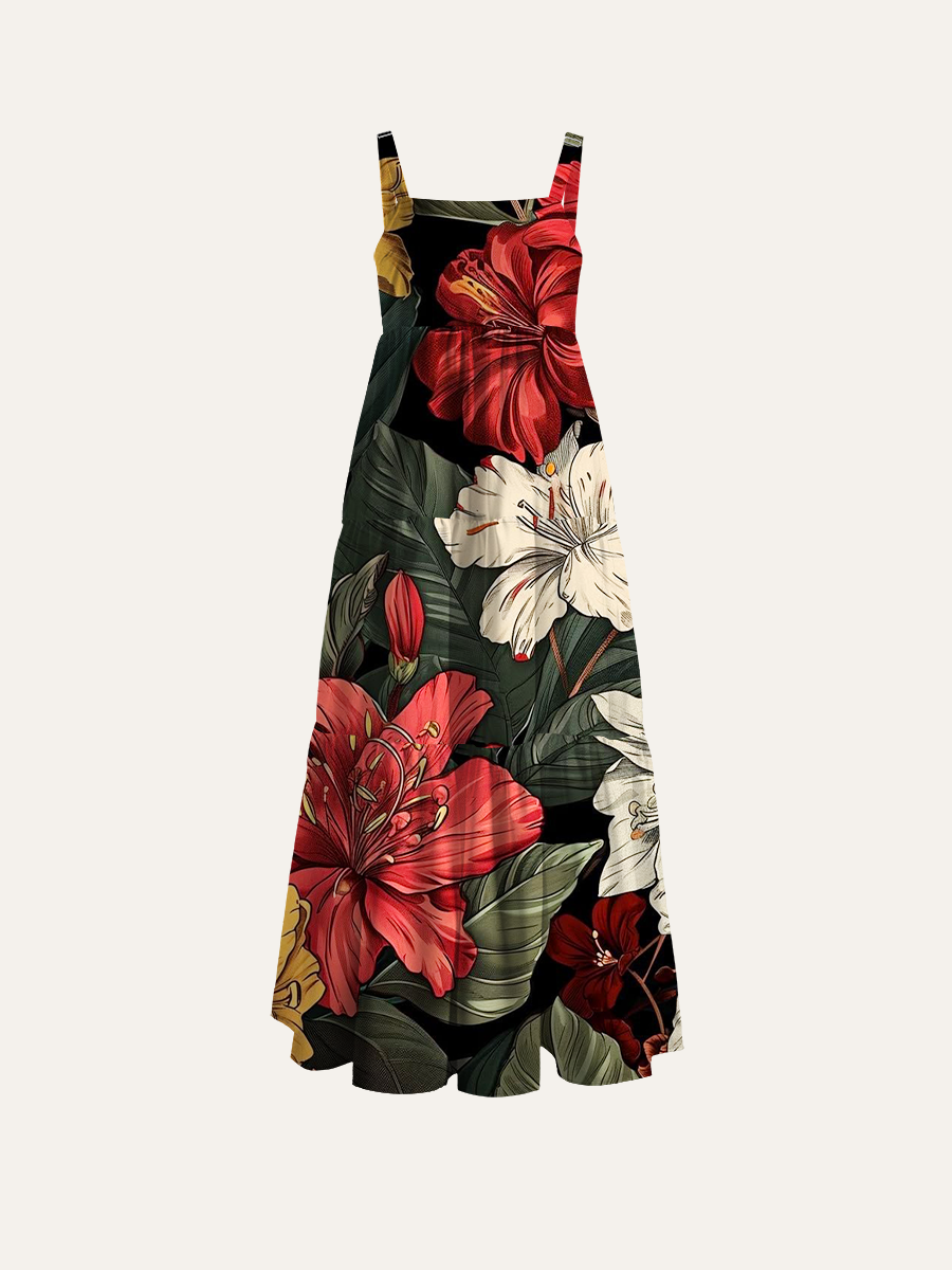 Dark Victorian Floral Adjustable Wide Straps Maxi Dress