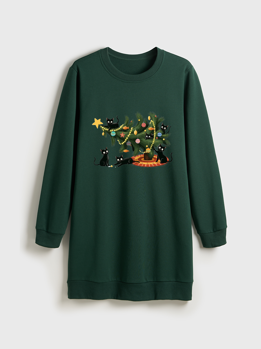 Cute Christmas Tree Cat Lover Crewneck Terry Sweatshirt Dress