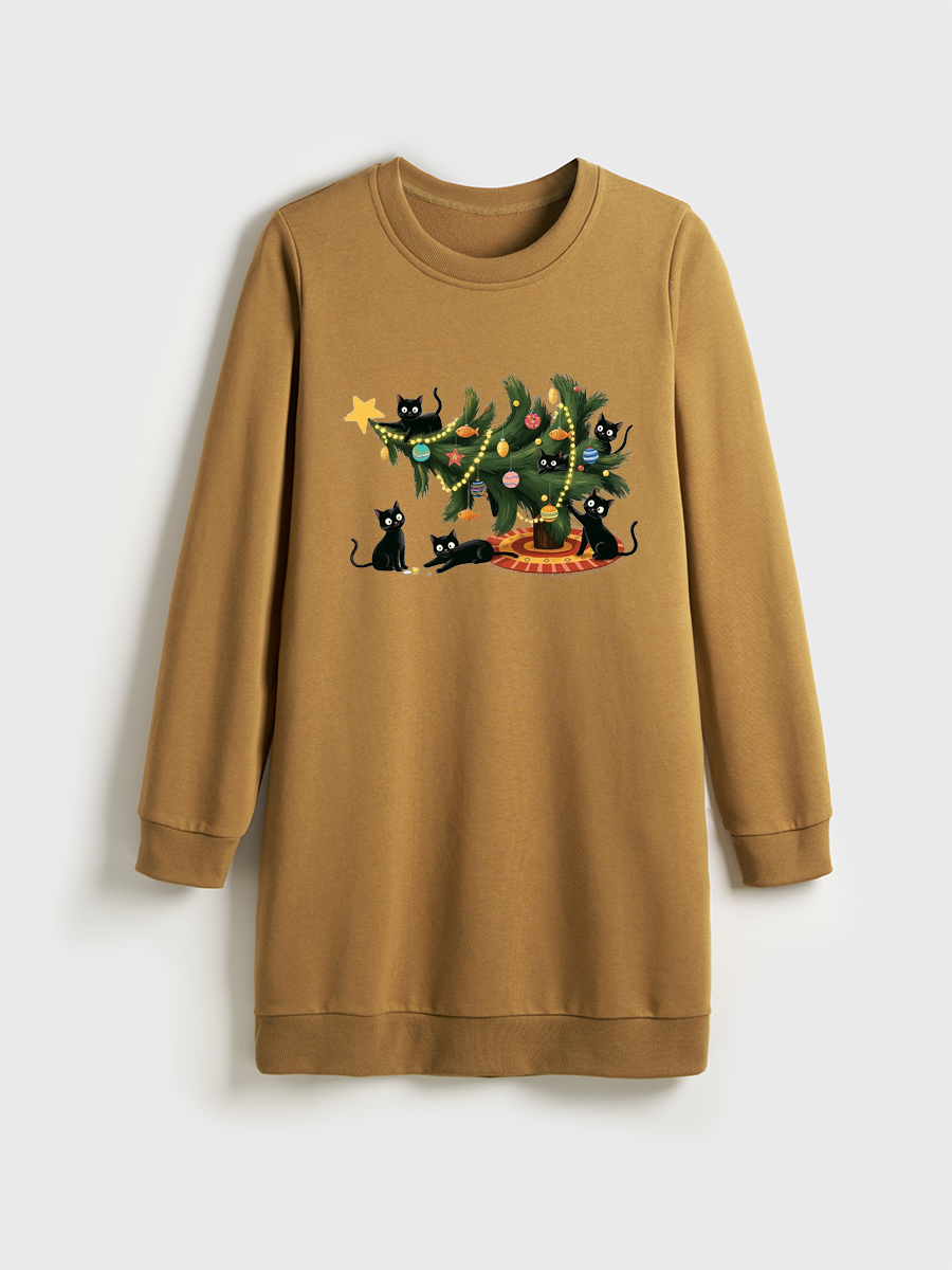 Cute Christmas Tree Cat Lover Crewneck Terry Sweatshirt Dress