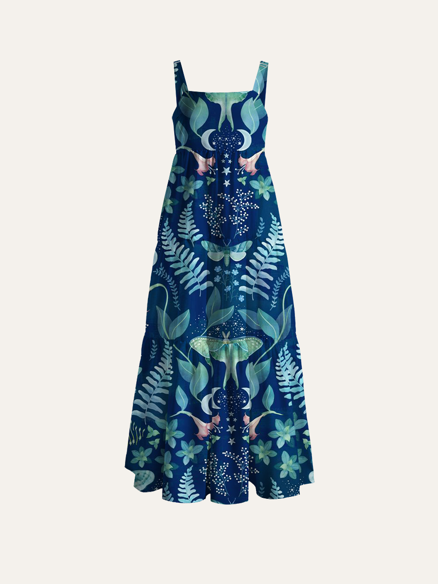 Celestial Night Garden Print Adjustable Wide Straps Maxi Dress
