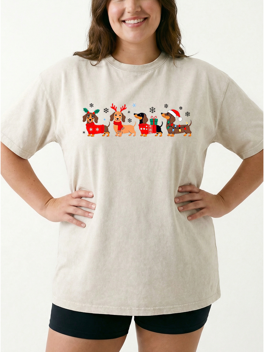 Vintage Merry Christmas Dachshund Washed T-Shirt