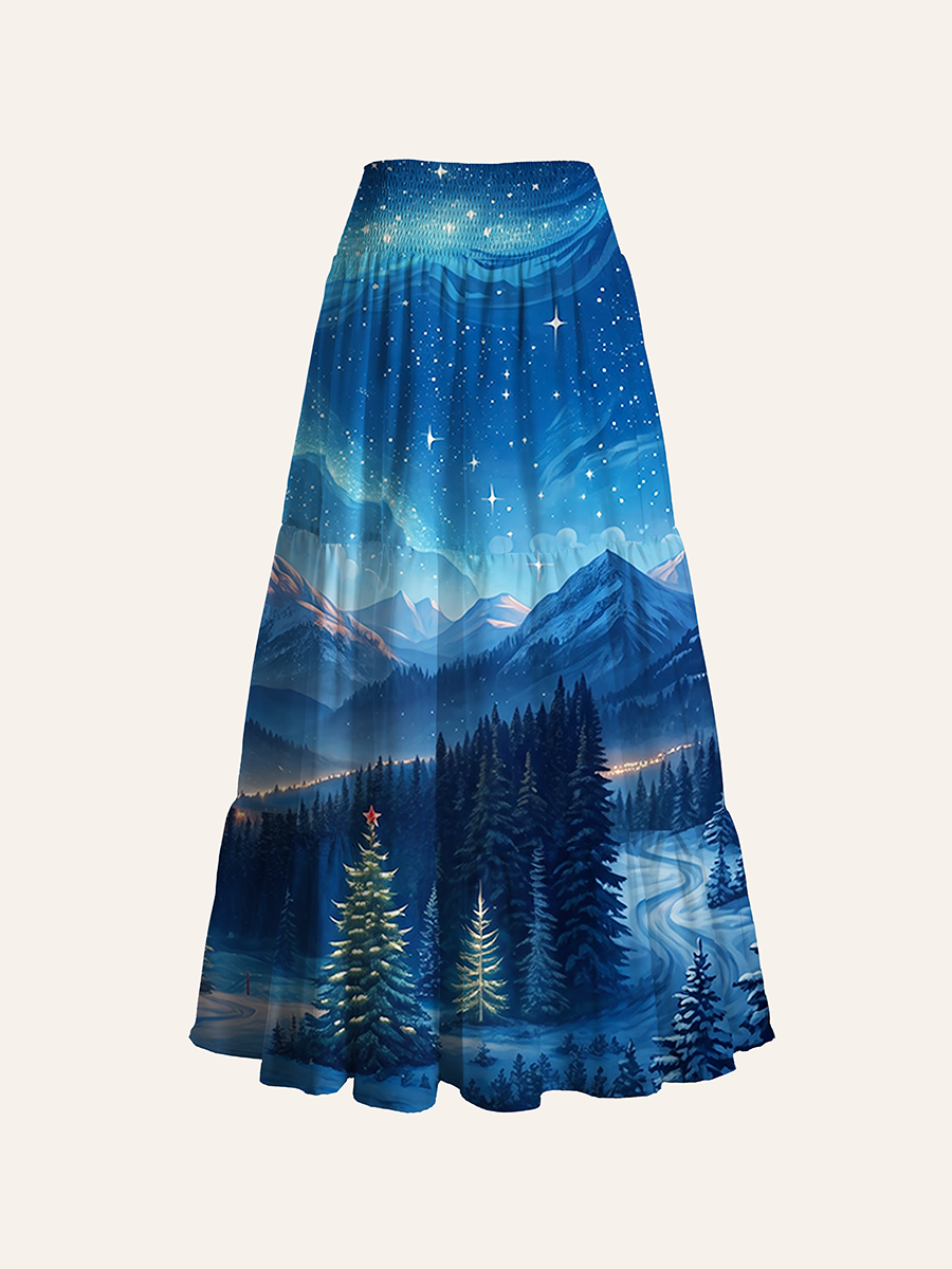Dreamy Winter Night Snowy Mountain And Christmas Tree Landscape Convertible Maxi Skirts
