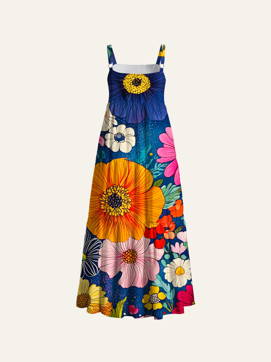 Moody Boho Botanical Floral Adjustable Wide Straps Maxi Dress