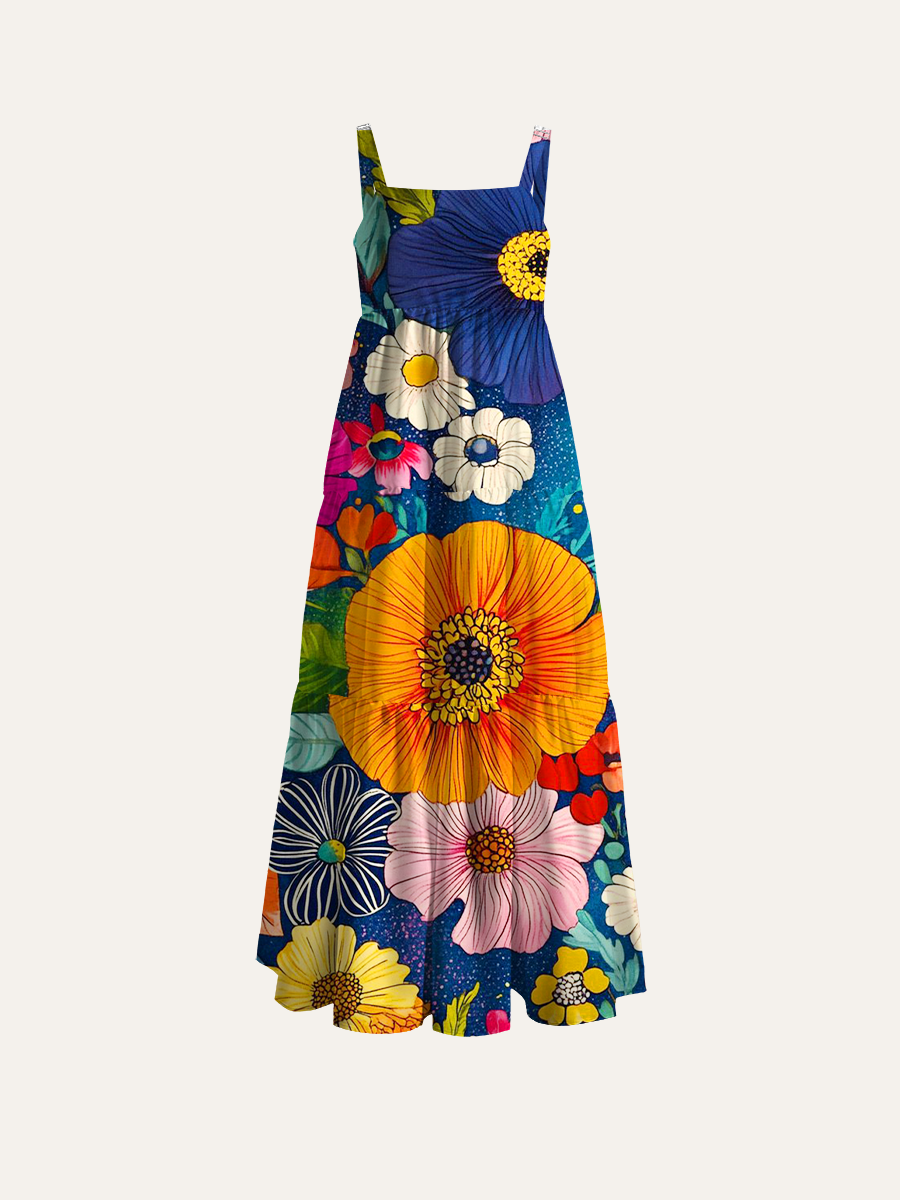 Moody Boho Botanical Floral Adjustable Wide Straps Maxi Dress