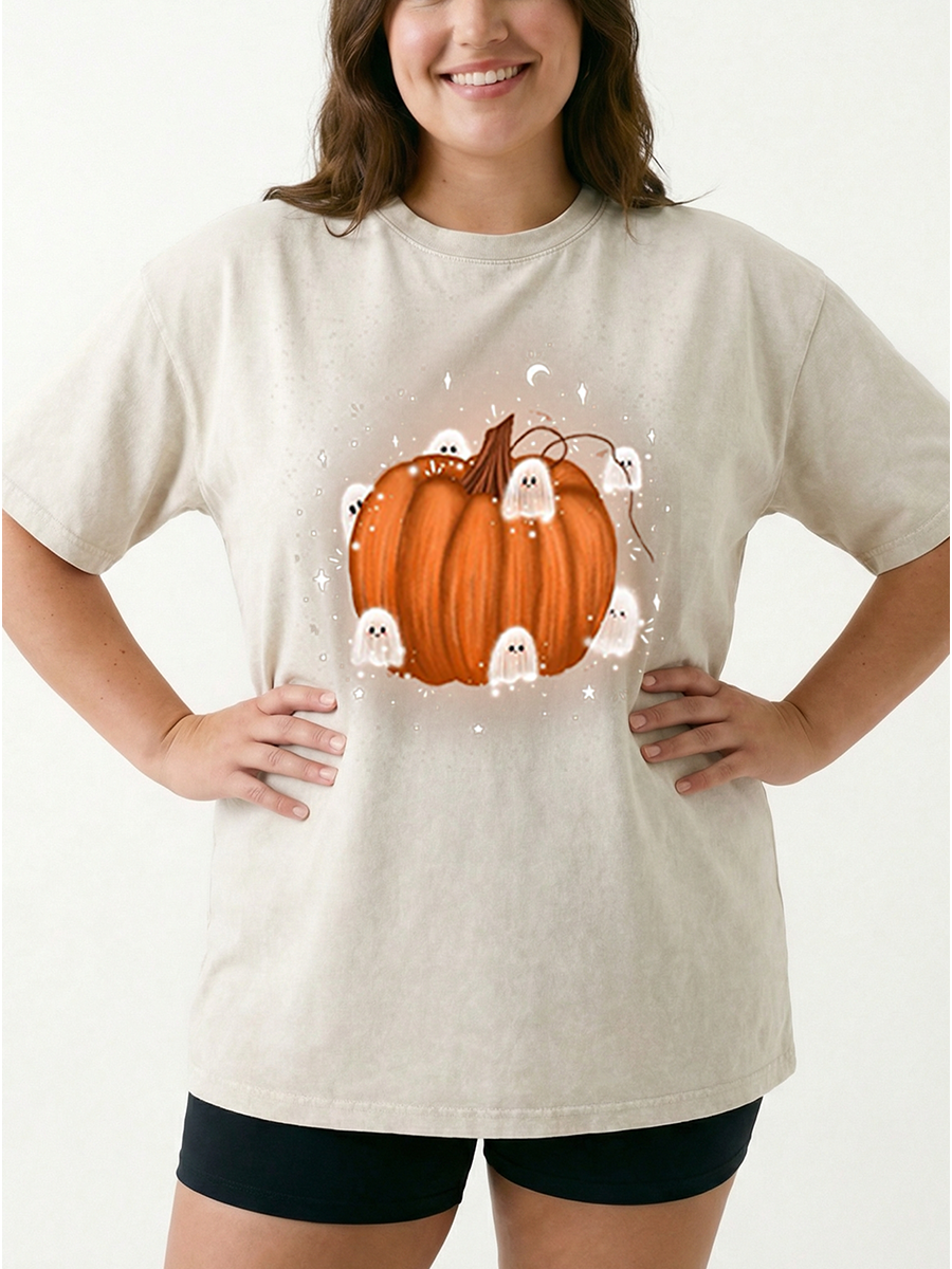 Vintage Cute Ghosts And Pumpkin Washed T-Shirt