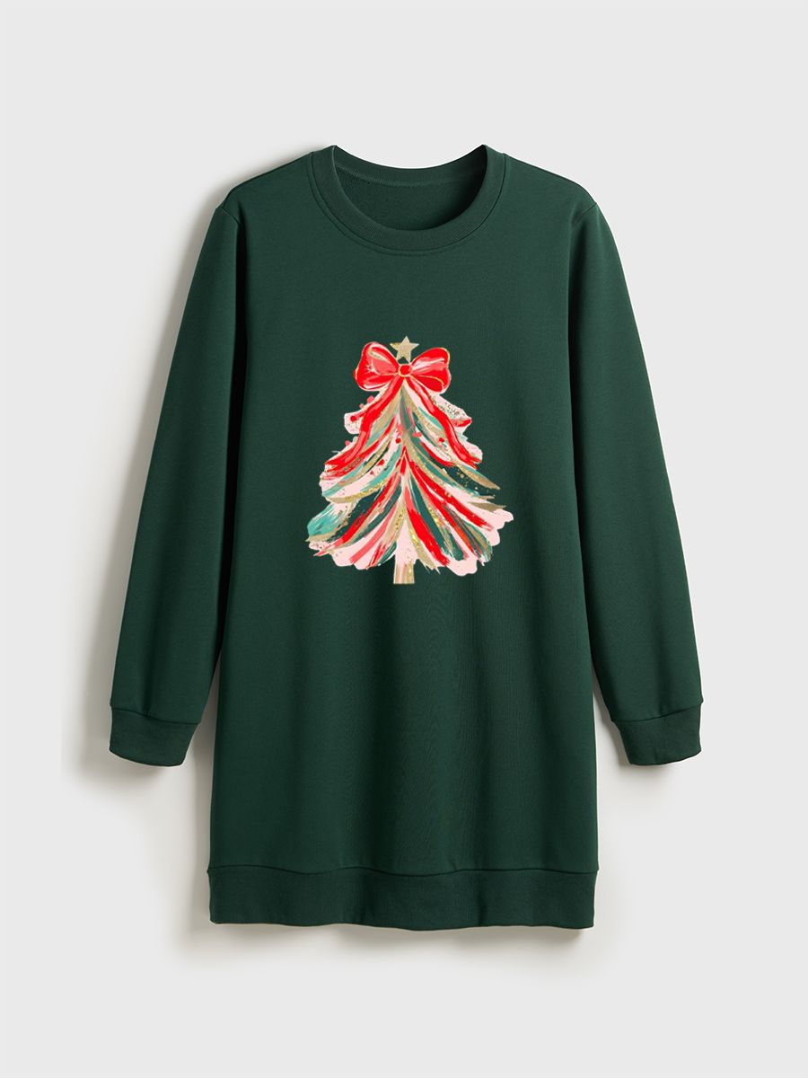 Red Bow Christmas Tree Crewneck Terry Sweatshirt Dress