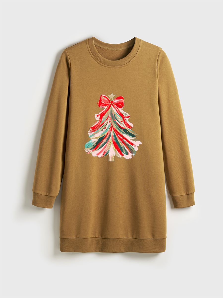 Red Bow Christmas Tree Crewneck Terry Sweatshirt Dress