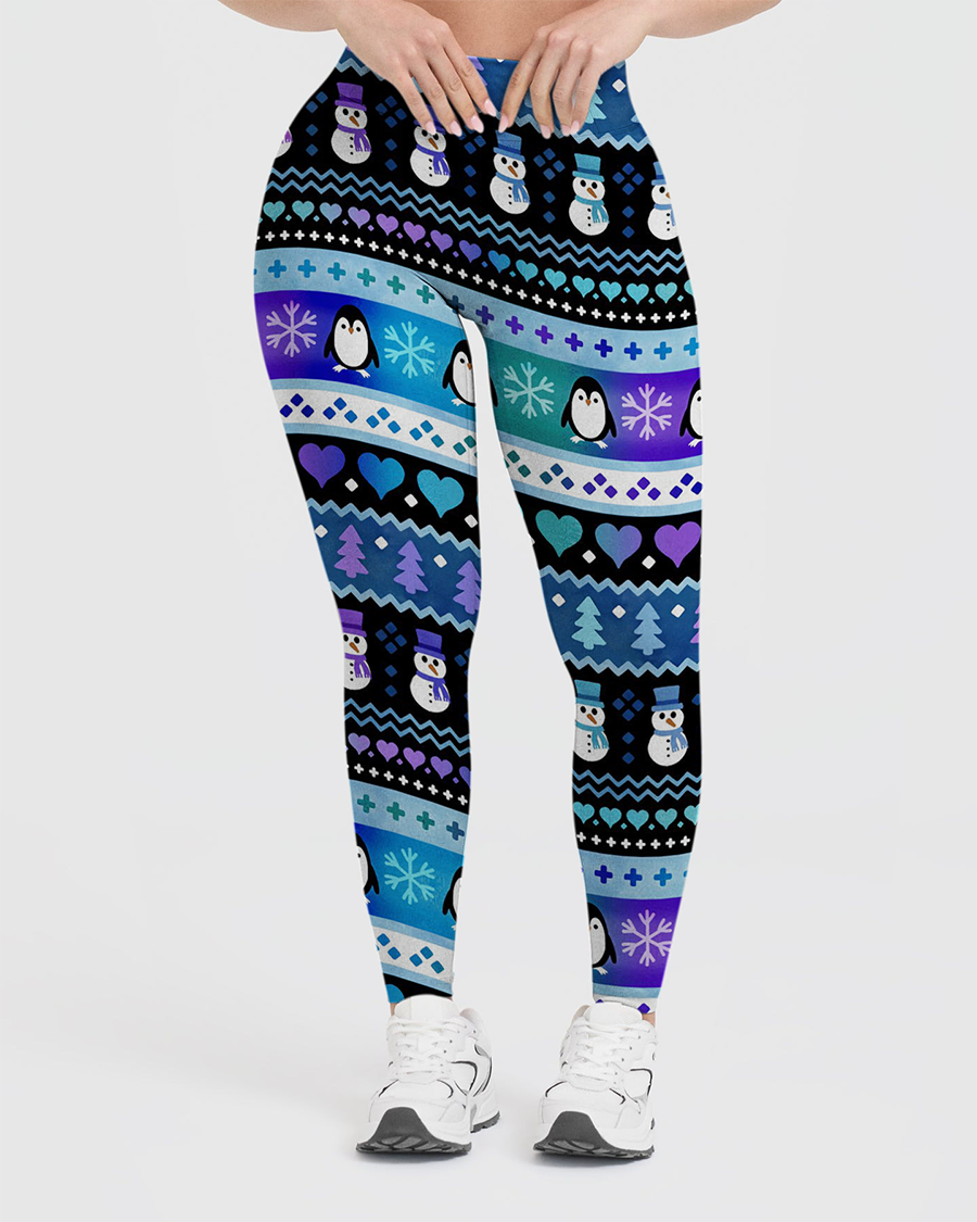 Vintage Winter Snowman Penguin Stripe Leggings