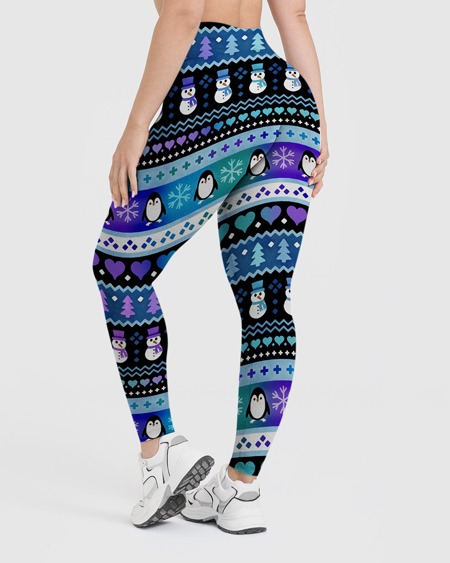 Vintage Winter Snowman Penguin Stripe Leggings