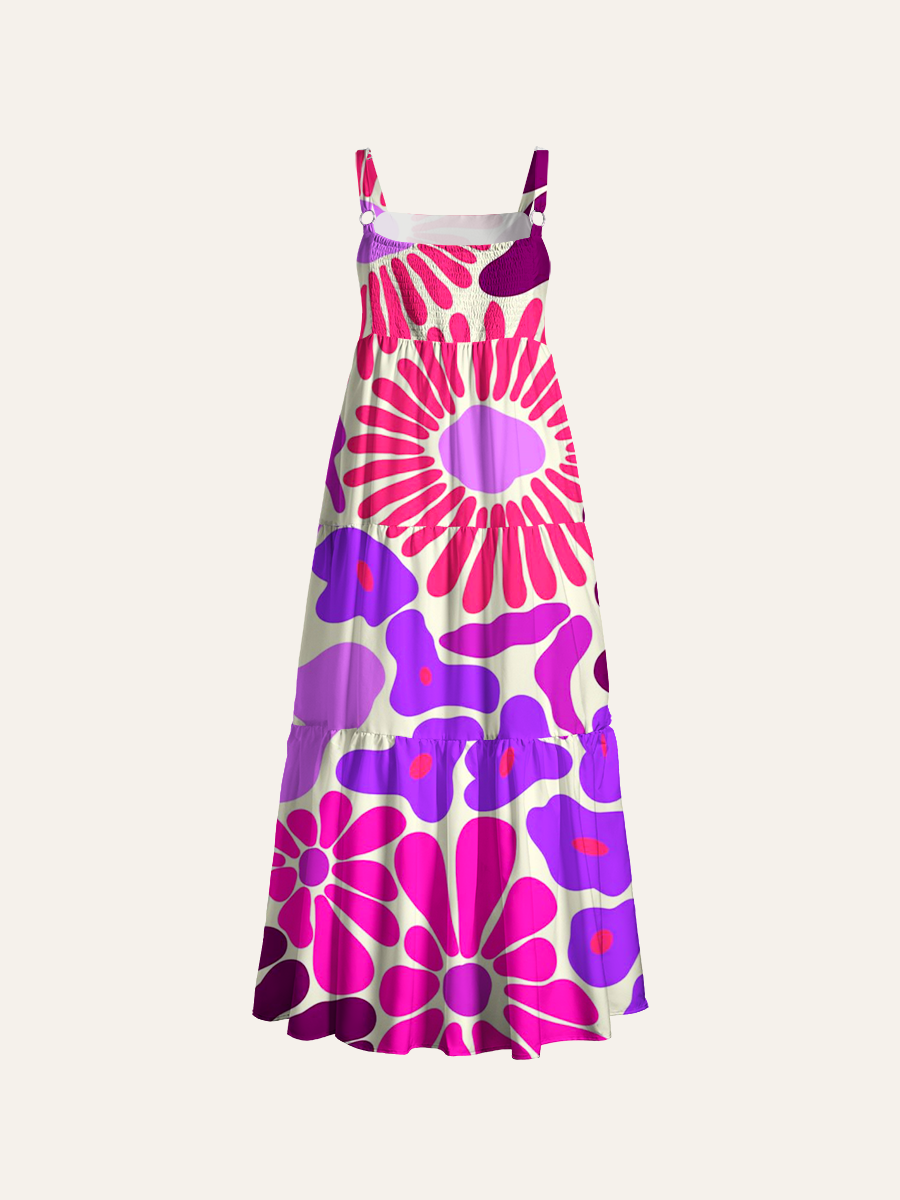 Psychedelic 70s Retro Flower Power Adjustable Wide Straps Maxi Dress