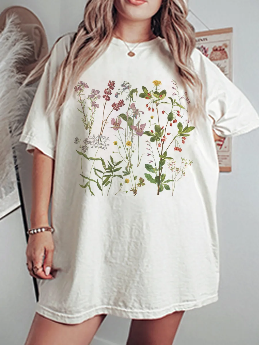 Vintage Flower Art Plant Oversize Graphic Tee