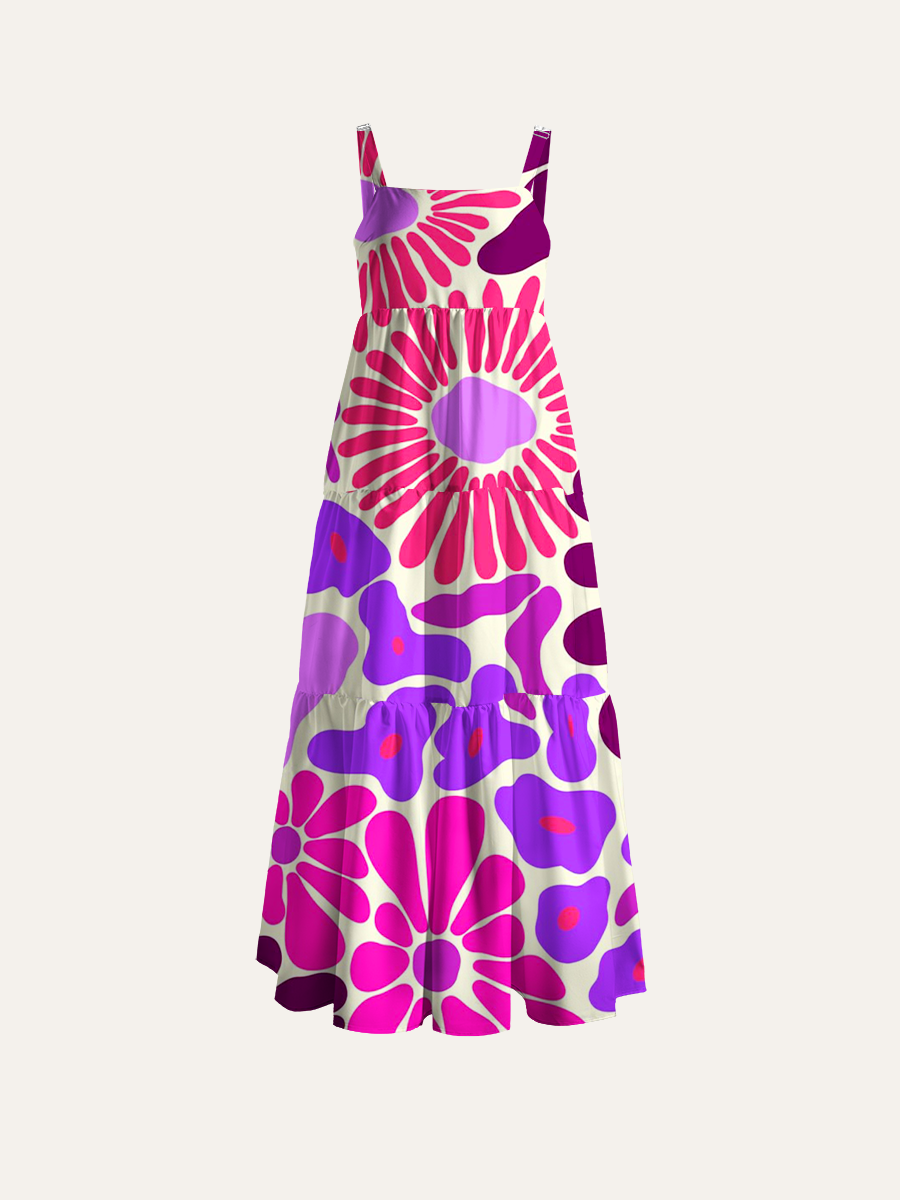 Psychedelic 70s Retro Flower Power Adjustable Wide Straps Maxi Dress