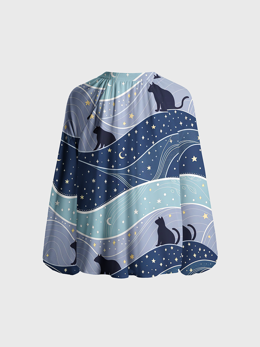 Moon And Star Cats Neck Tie Blouse