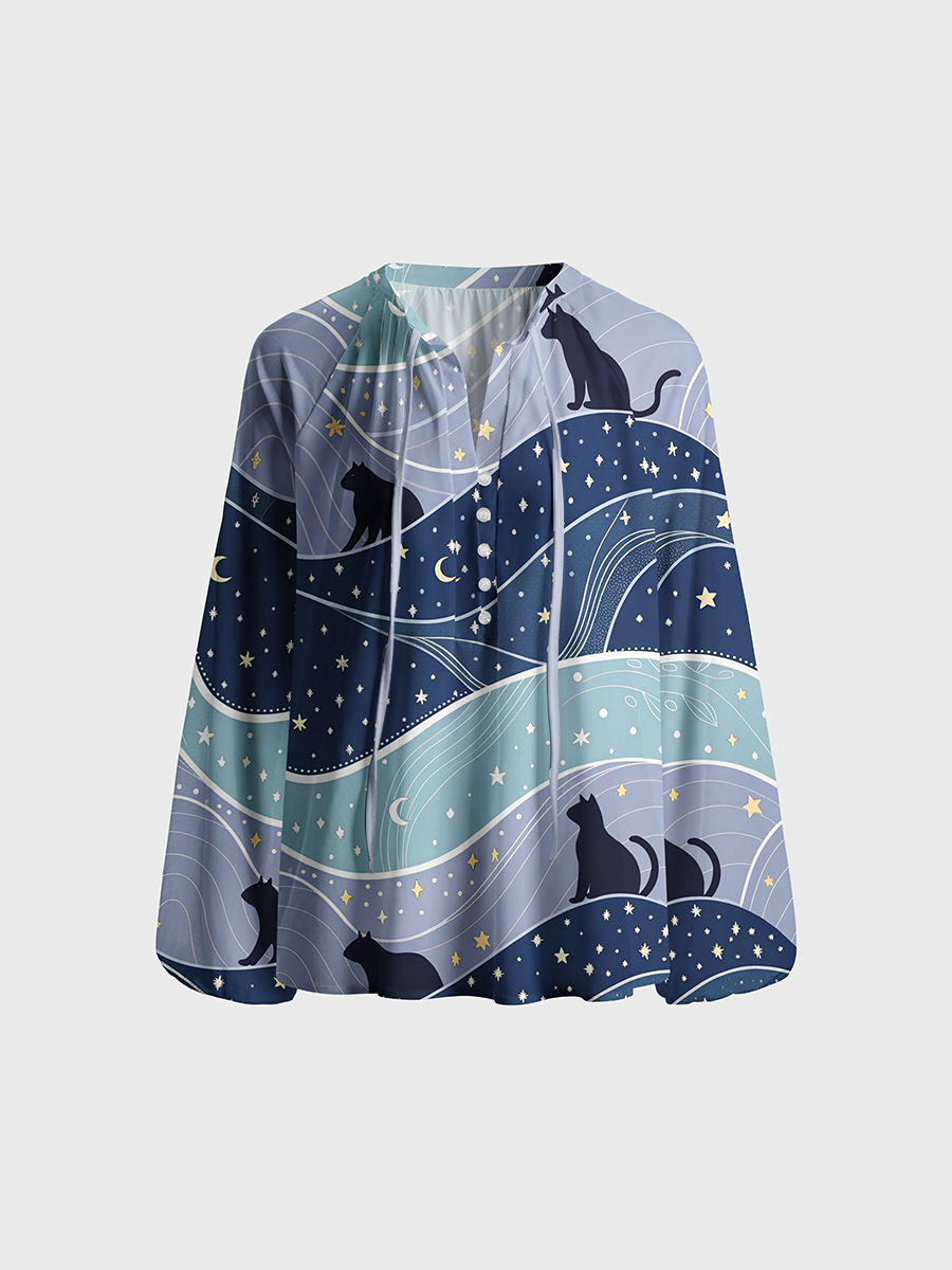 Moon And Star Cats Neck Tie Blouse