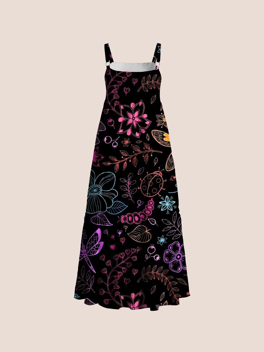 Whimsical Neon Butterfly Floral Adjustable Wide Straps Maxi Dress