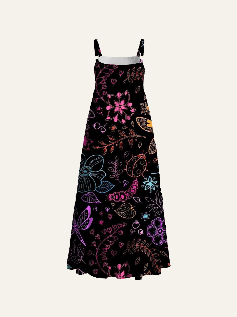 Whimsical Neon Butterfly Floral Adjustable Wide Straps Maxi Dress