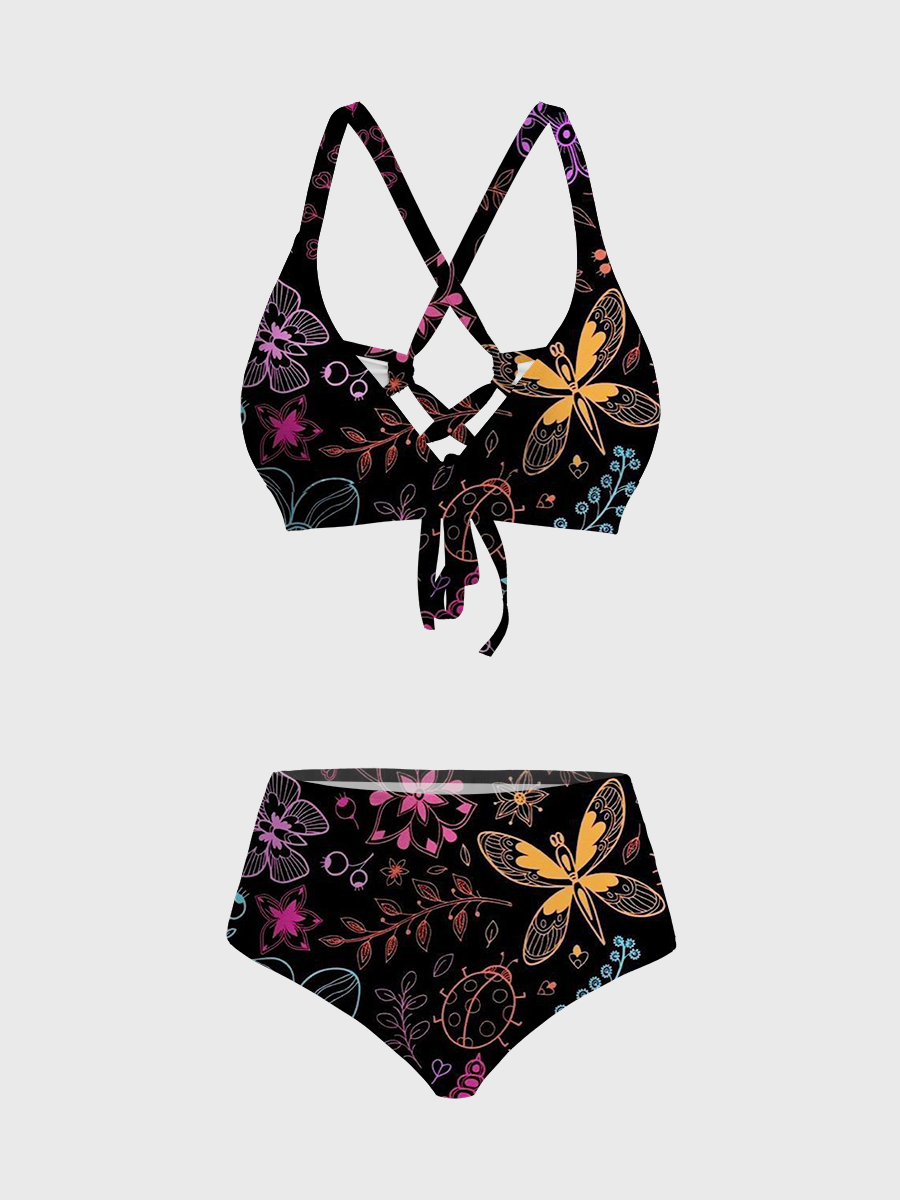 Vintage Whimsical Neon Butterfly Floral Two Piece Ruffled Tankini Swimsuit