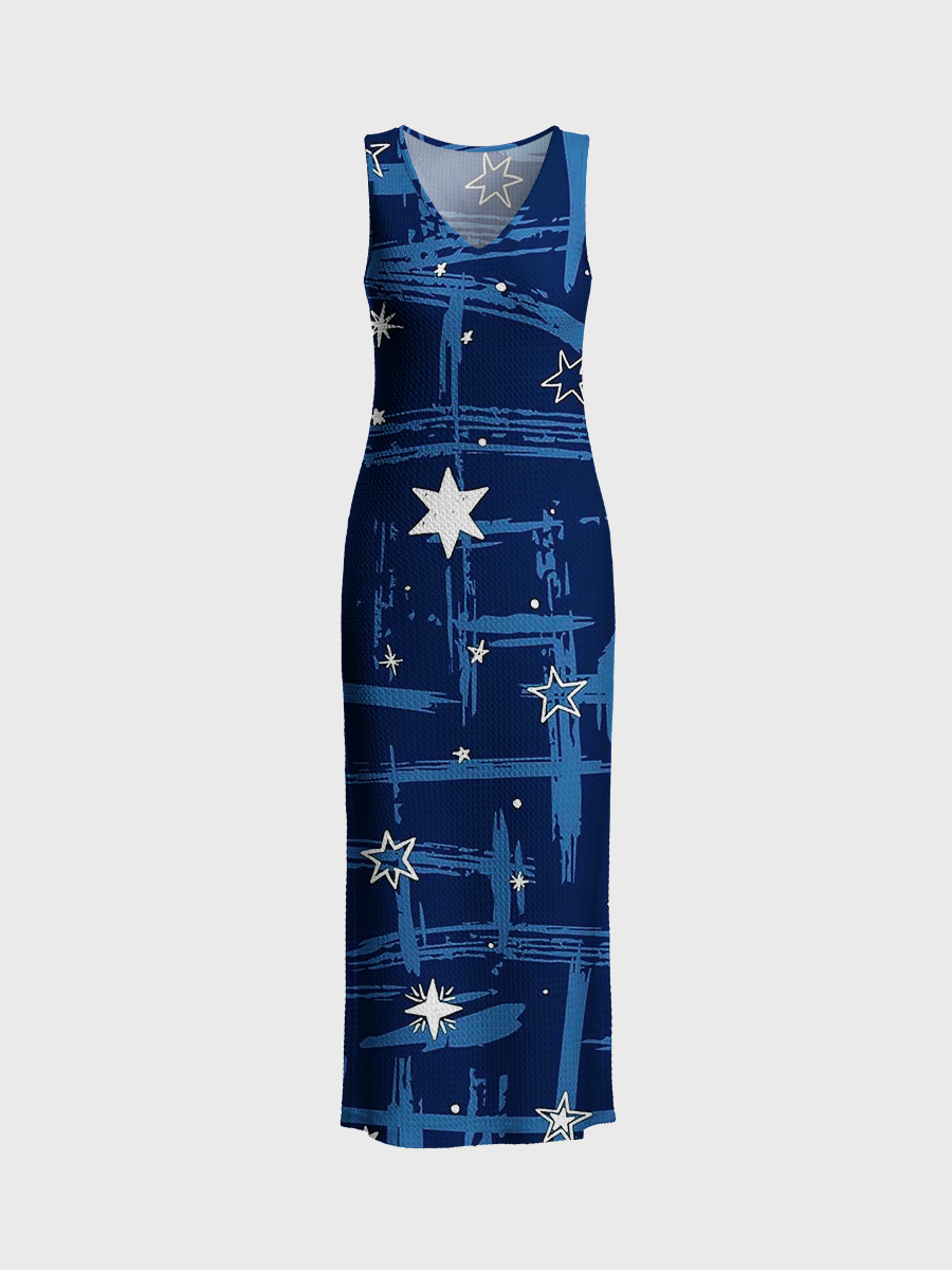 Minimal Sketch Star Plaid Open Stitch Midi Dress