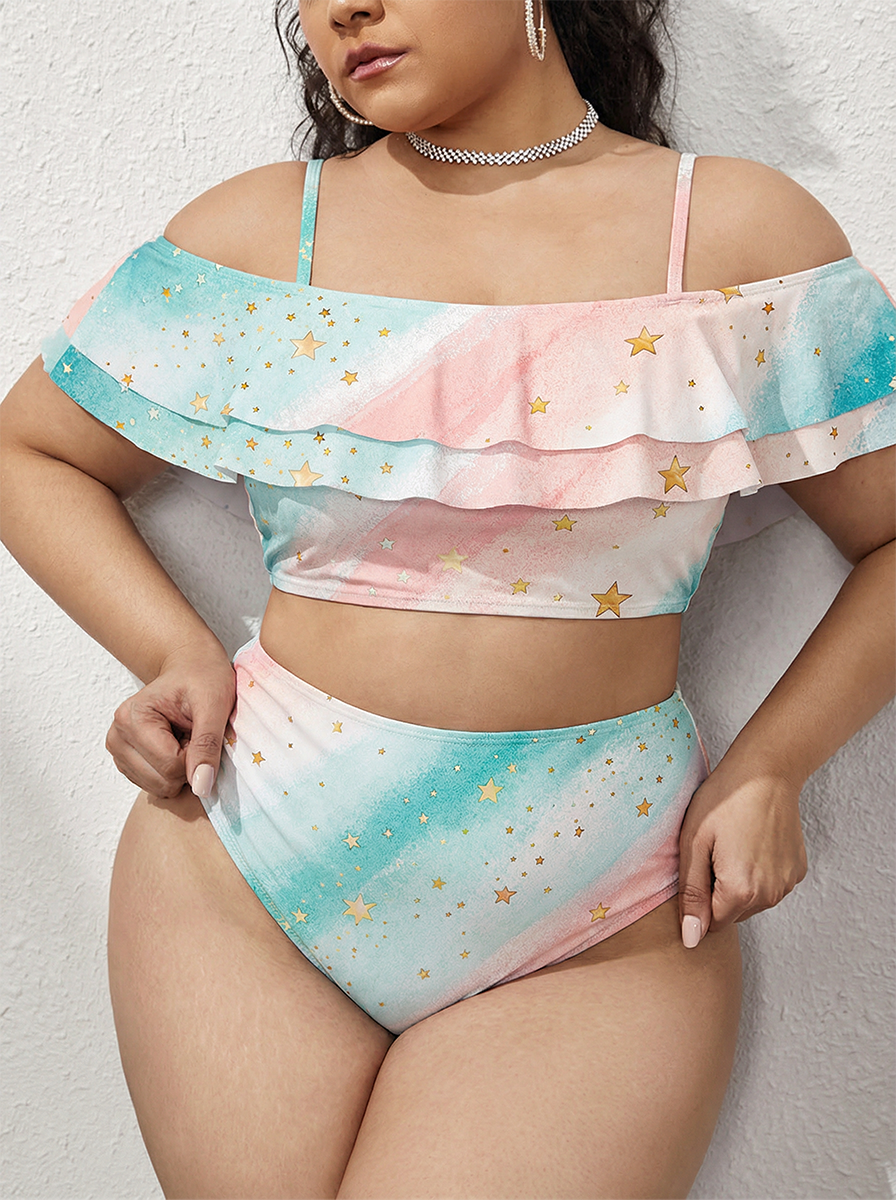 Vintage Colorful Stripes Two Piece Ruffled Tankini Swimsuit