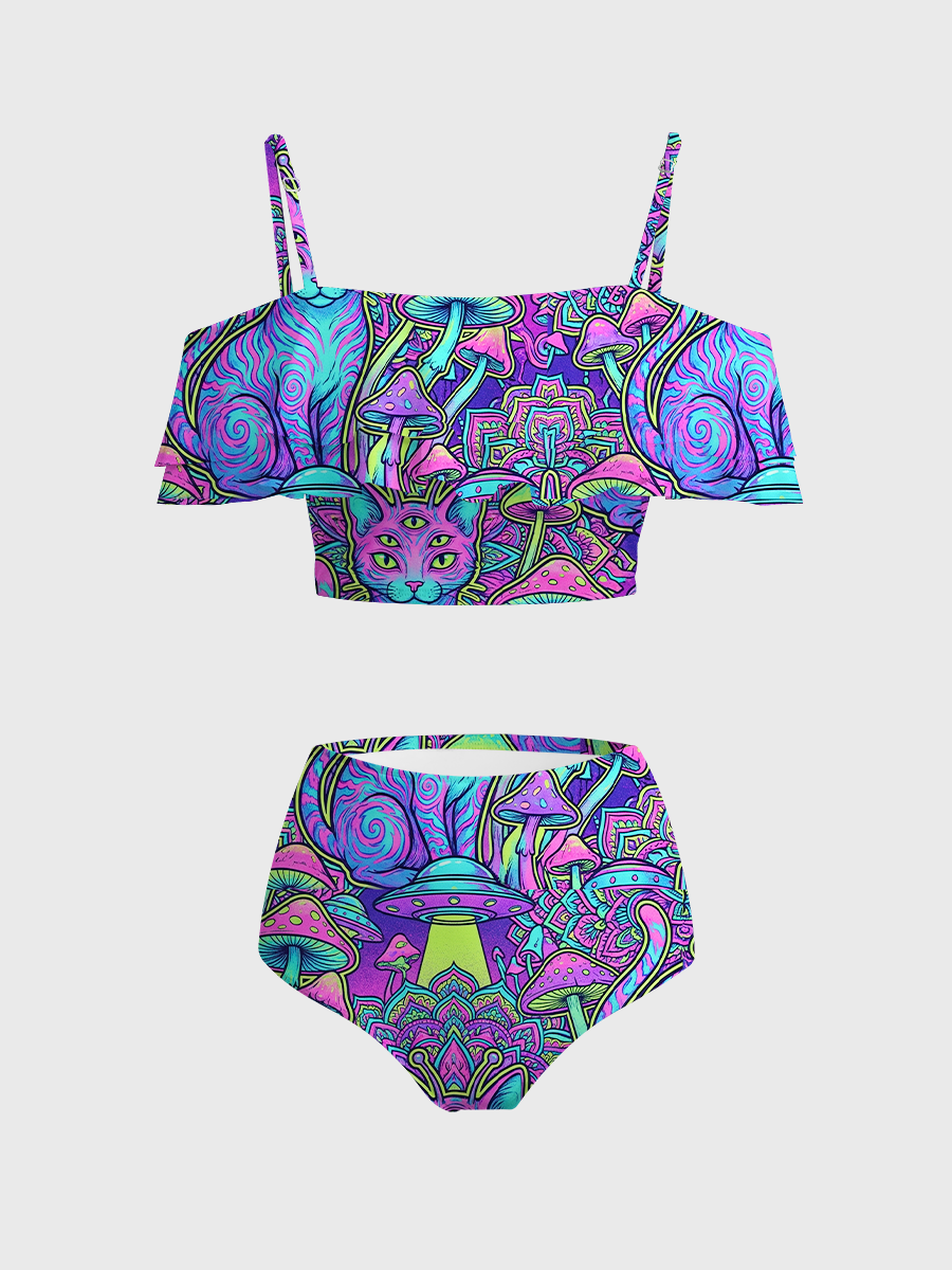 Vintage Psychedelic Alien Cat Illustration Two Piece Ruffled Tankini Swimsuit