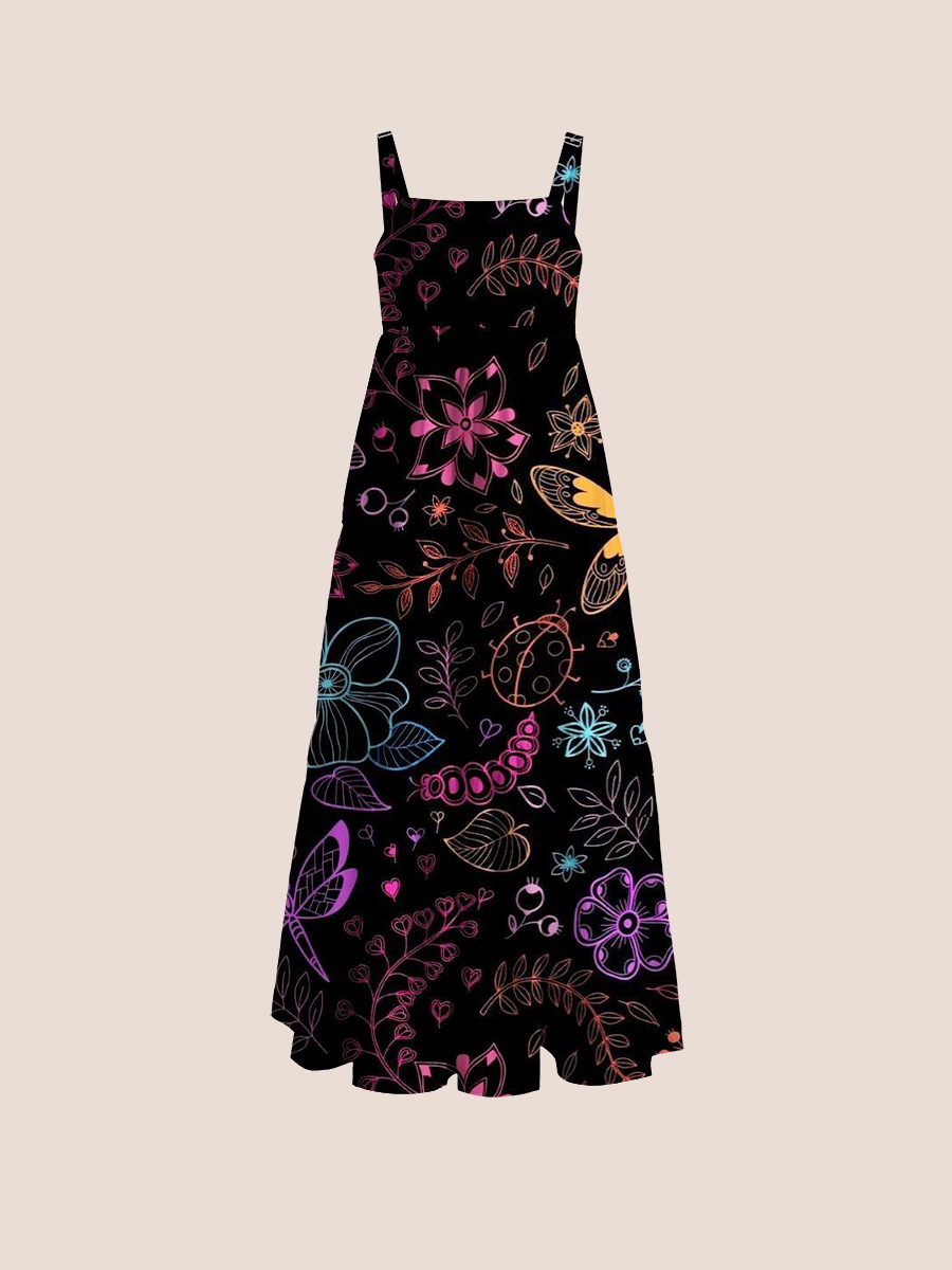 Whimsical Neon Butterfly Floral Adjustable Wide Straps Maxi Dress