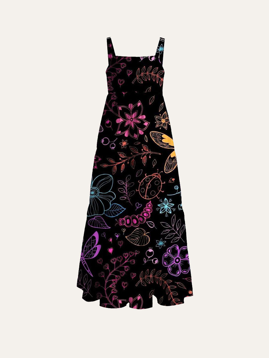 Whimsical Neon Butterfly Floral Adjustable Wide Straps Maxi Dress