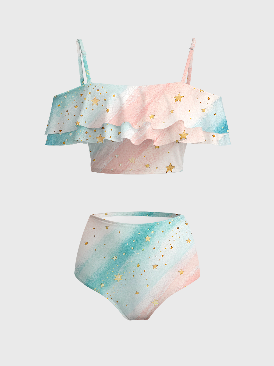 Vintage Colorful stripes Two Piece Ruffled Tankini Swimsuit