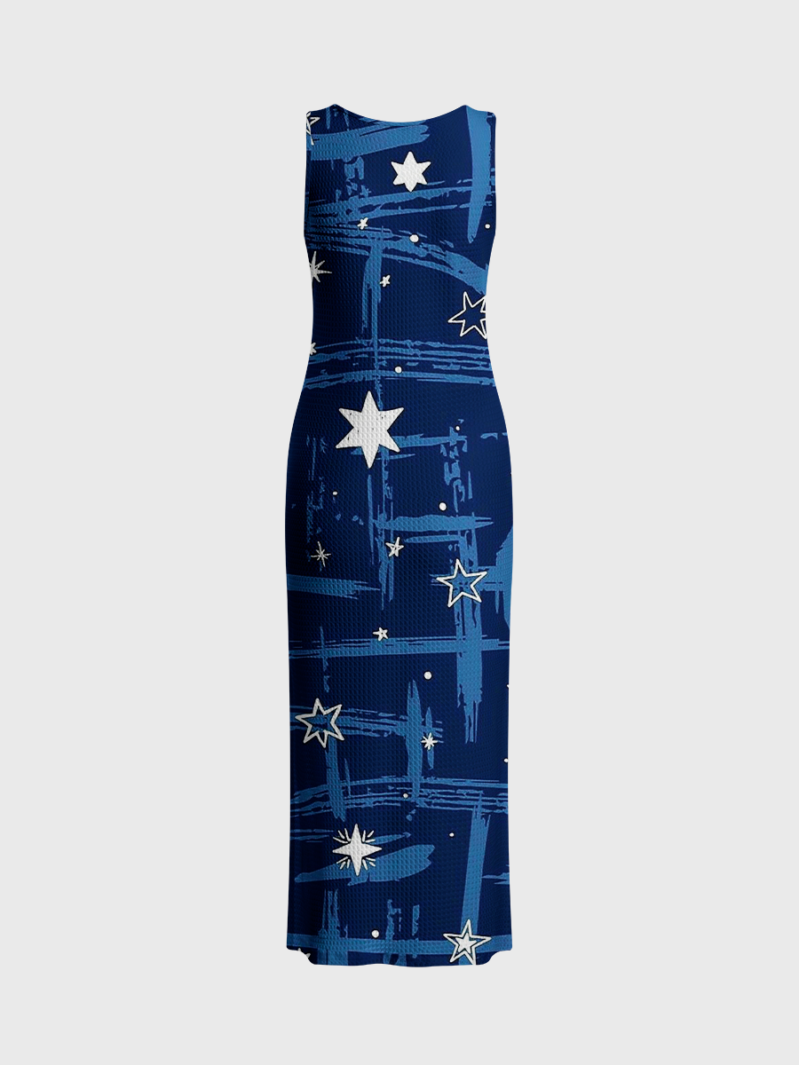 Minimal Sketch Star Plaid Open Stitch Midi Dress