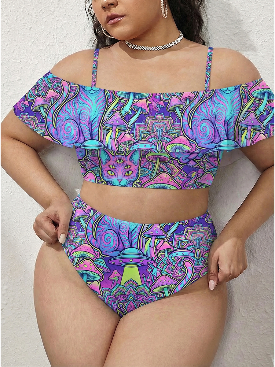 Vintage Psychedelic Alien Cat Illustration Two Piece Ruffled Tankini Swimsuit