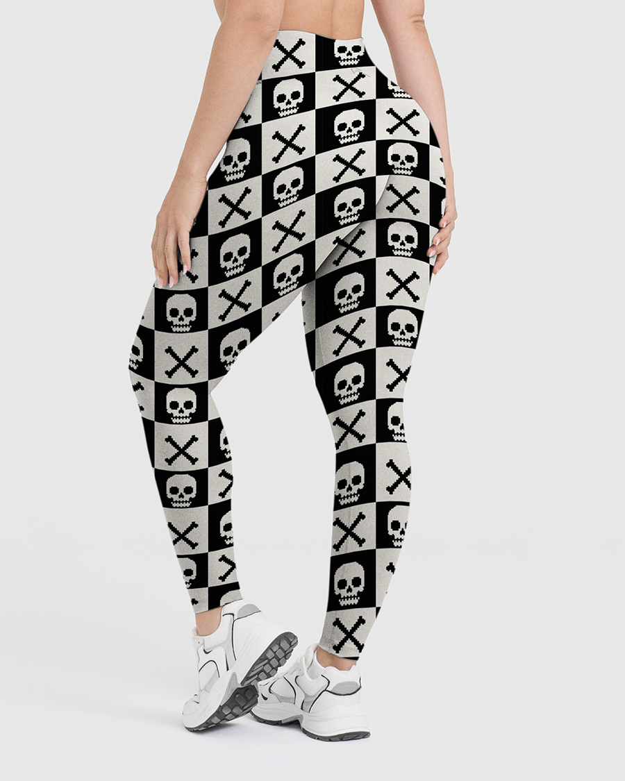 Vintage Pixel Skull Crossbones Checkerboard Leggings