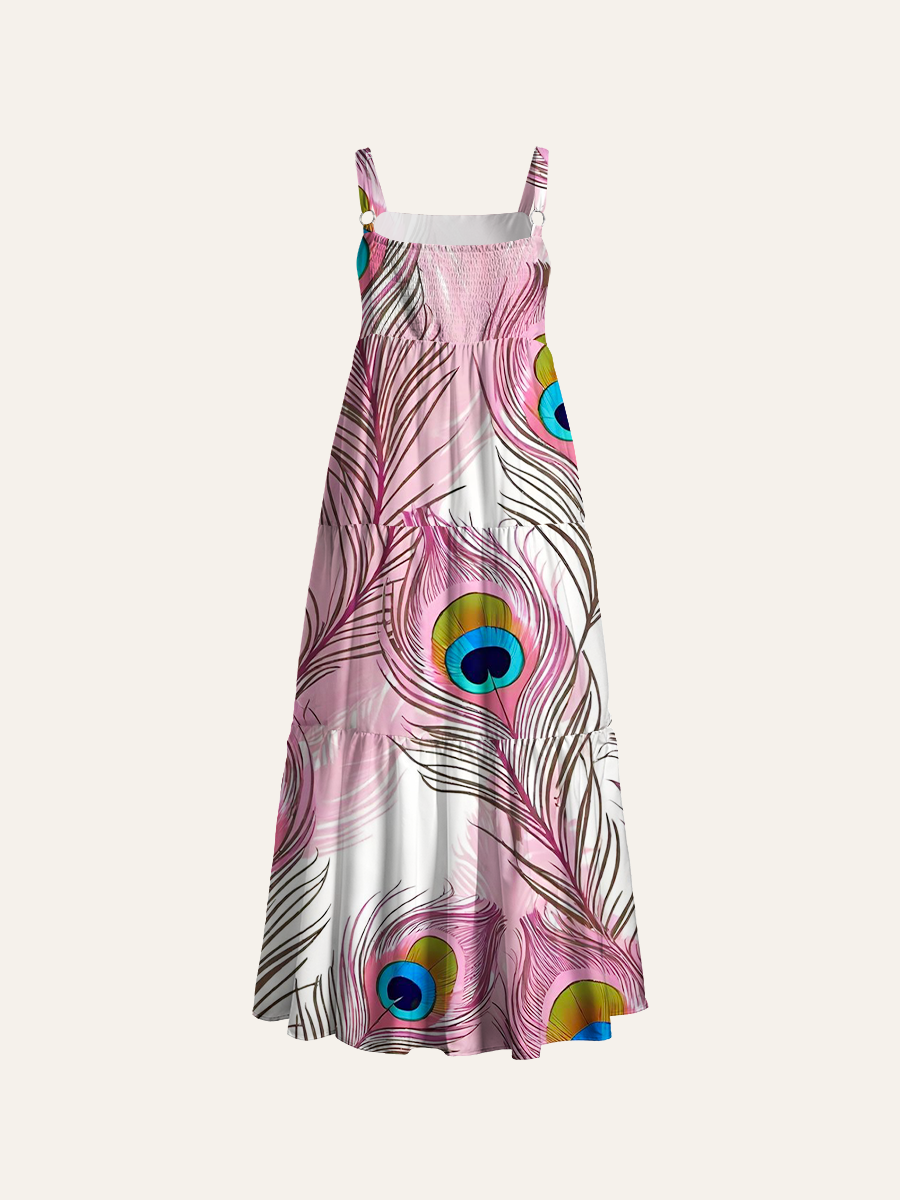 Dreamy Pastel Peacock Feather Aesthetic Adjustable Wide Straps Maxi Dress