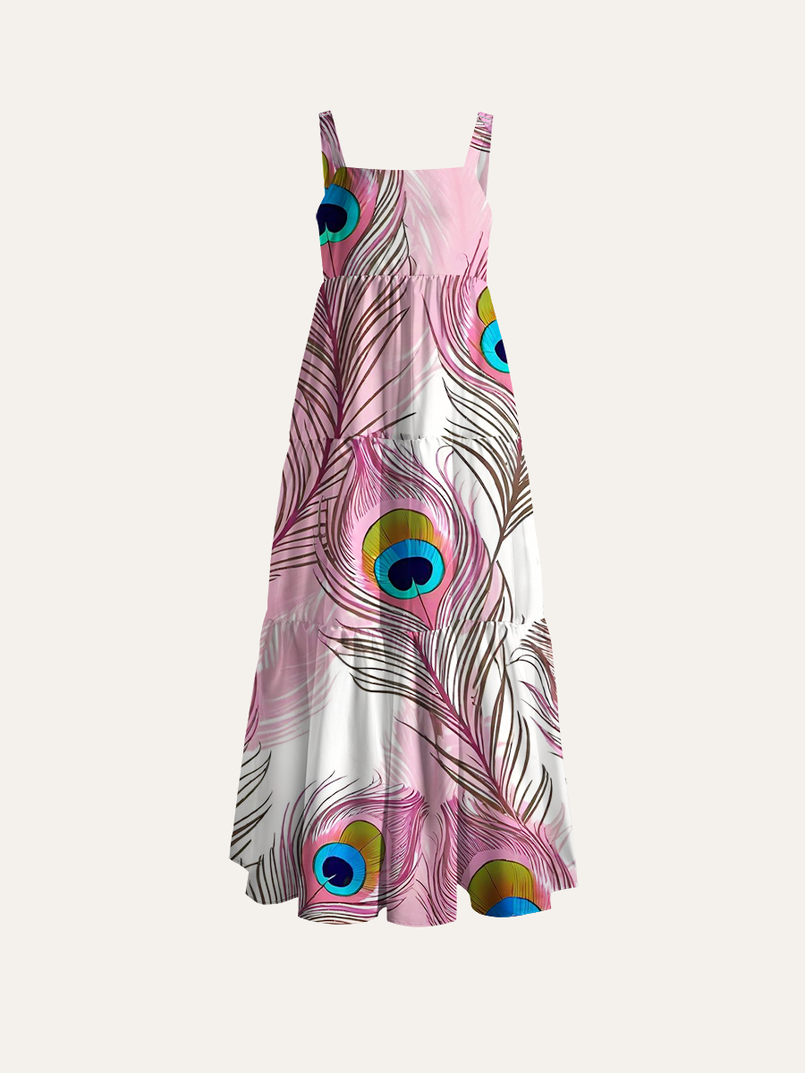 Dreamy Pastel Peacock Feather Aesthetic Adjustable Wide Straps Maxi Dress