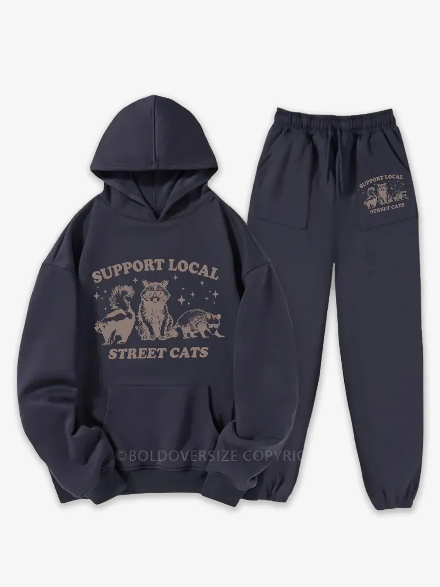 Vintage Support Local Street Cats Raccoon Fleece Hoodie Suit