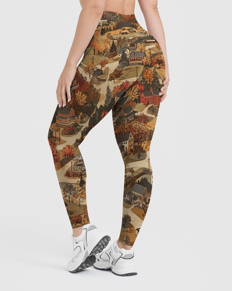 Vintage Vintage Autumn Rural Town Panorama Leggings
