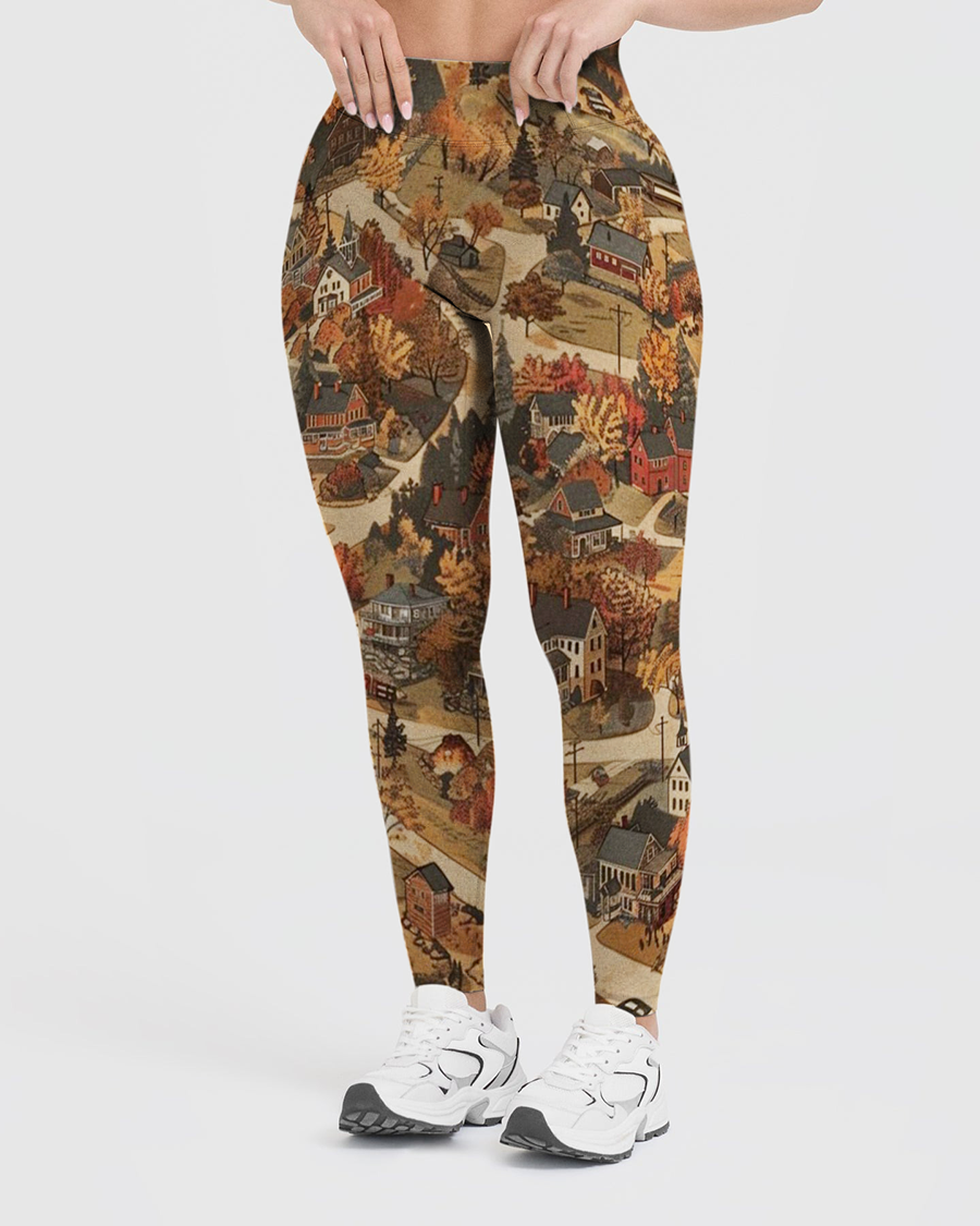 Vintage Vintage Autumn Rural Town Panorama Leggings