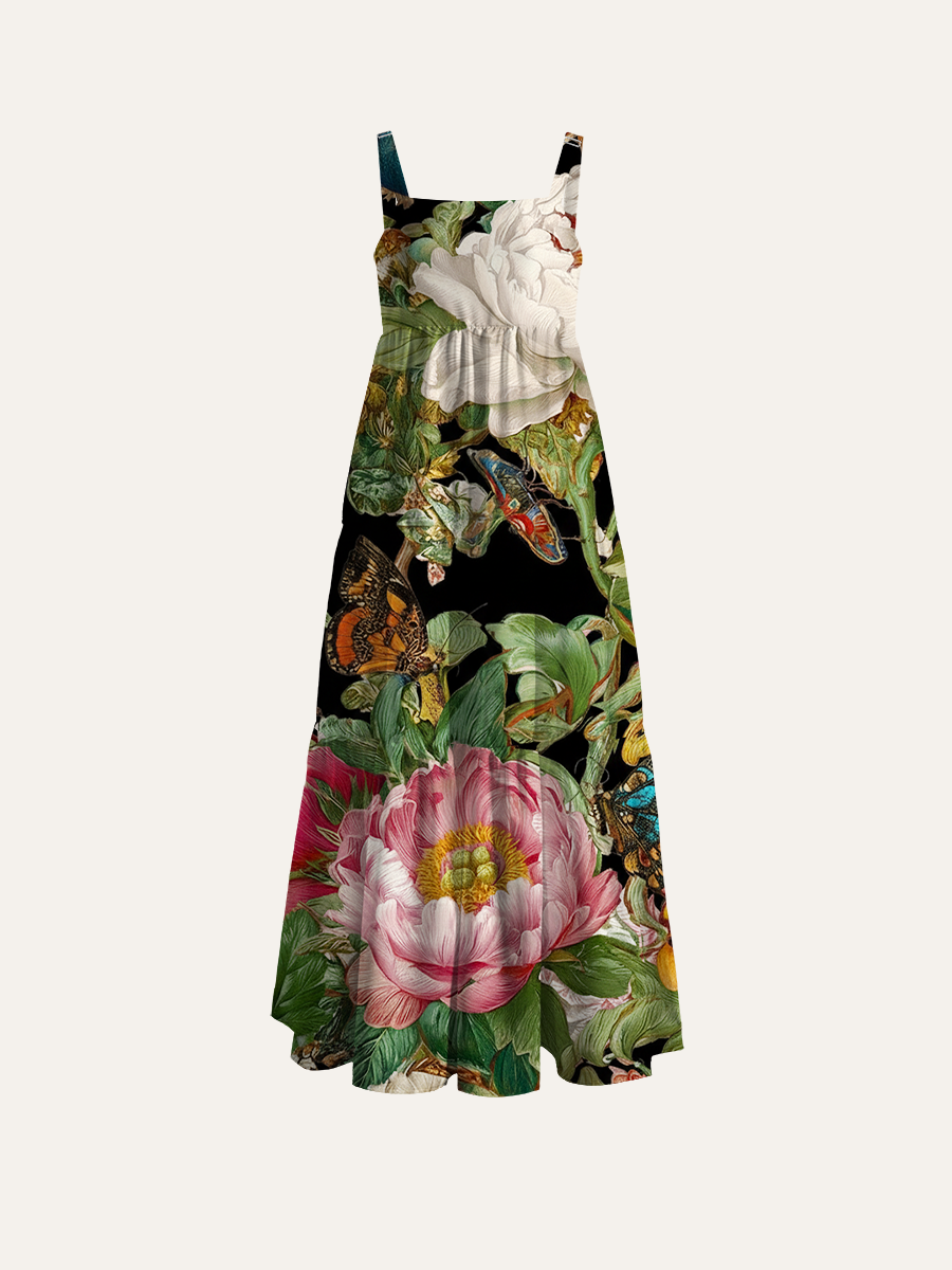 Baroque Dark Floral Peony Butterfly Adjustable Wide Straps Maxi Dress