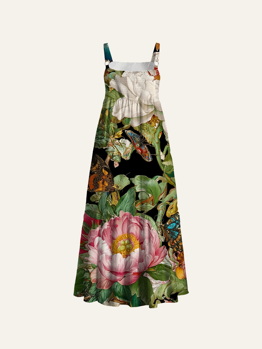 Baroque Dark Floral Peony Butterfly Adjustable Wide Straps Maxi Dress