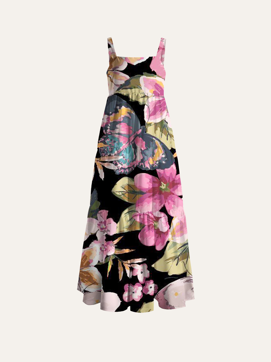 Dreamy Watercolor Floral Butterfly Adjustable Wide Straps Maxi Dress