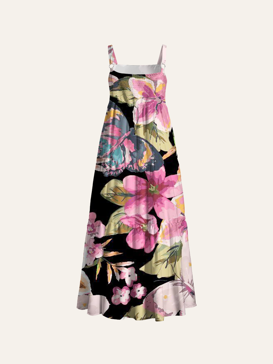 Dreamy Watercolor Floral Butterfly Adjustable Wide Straps Maxi Dress