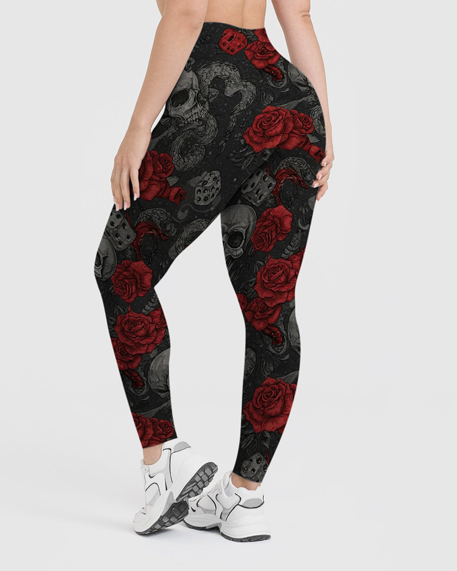 Vintage Dark Gothic Skull Red Rose Snake Dice Leggings