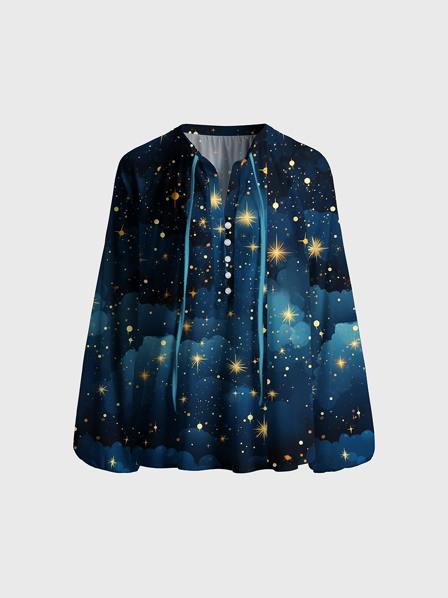 Whimsical Night Sky Starburst Neck Tie Blouse