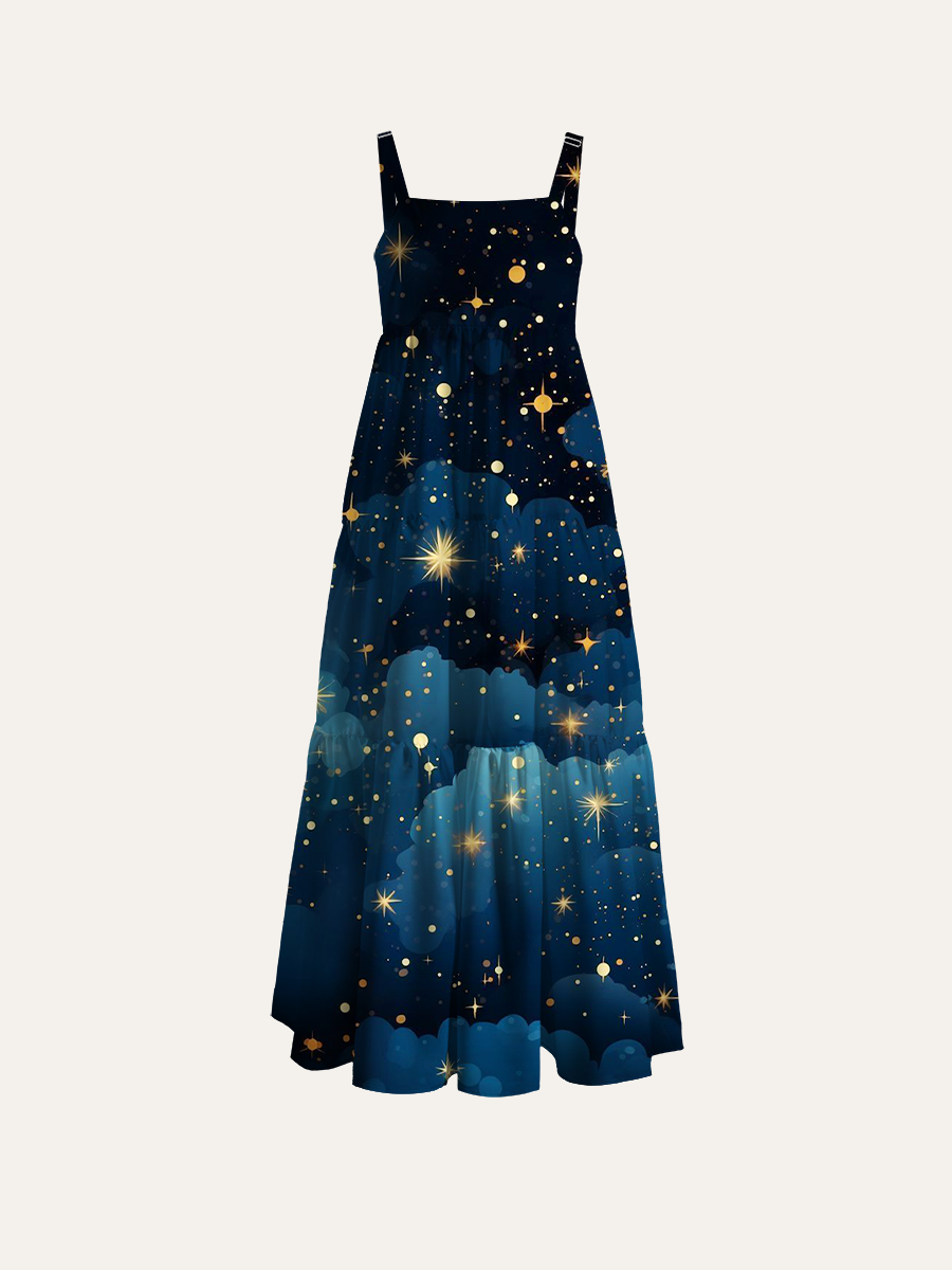 Whimsical Night Sky Starburst Adjustable Wide Straps Maxi Dress