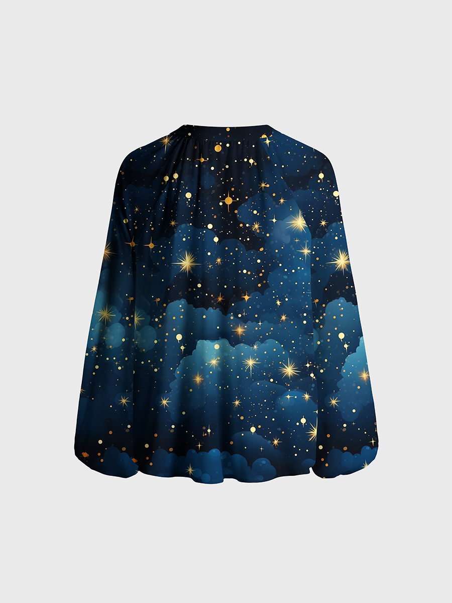 Whimsical Night Sky Starburst Neck Tie Blouse