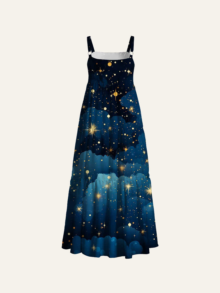Whimsical Night Sky Starburst Adjustable Wide Straps Maxi Dress