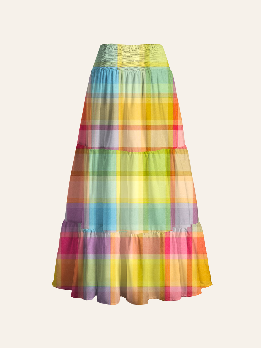 Pastel Rainbow Plaid Convertible Maxi Skirts