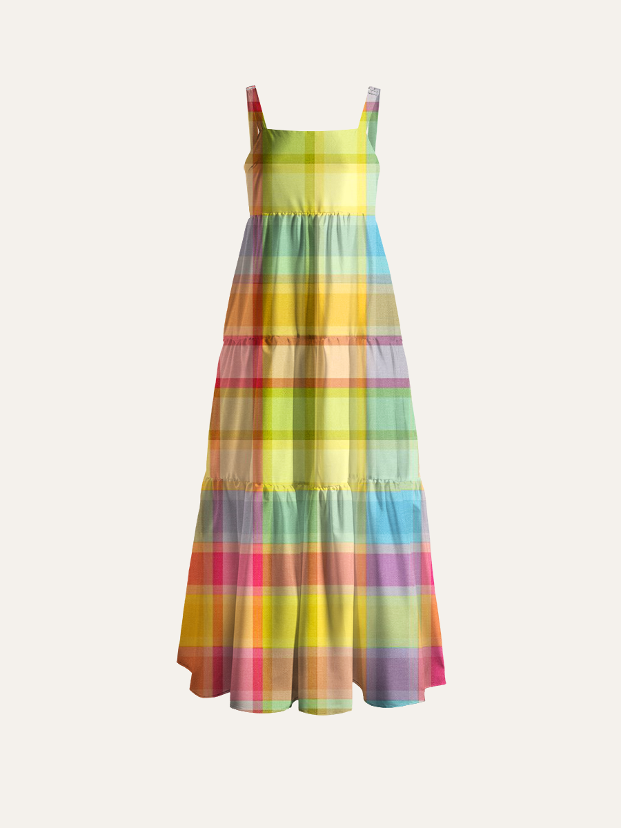 Pastel Rainbow Plaid Adjustable Wide Straps Maxi Dress