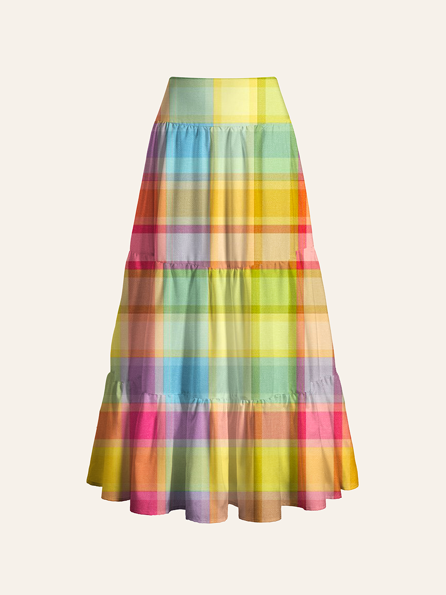 Pastel Rainbow Plaid Convertible Maxi Skirts