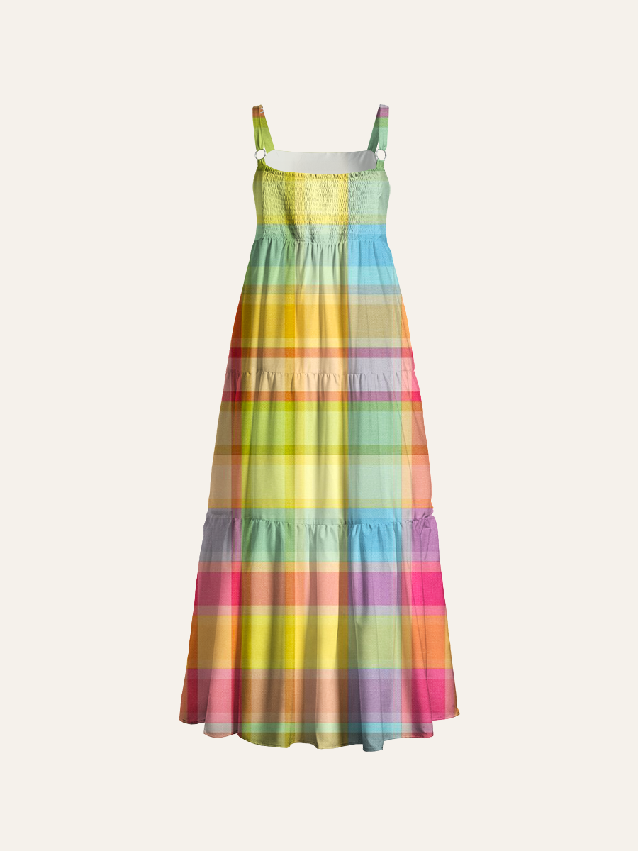 Pastel Rainbow Plaid Adjustable Wide Straps Maxi Dress