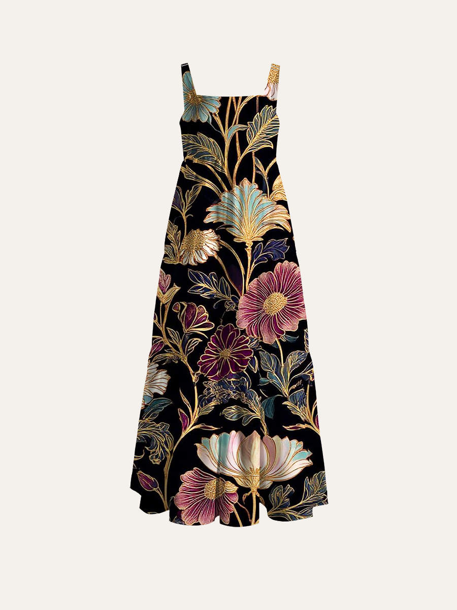 Ornate Floral Seamless Adjustable Wide Straps Maxi Dress