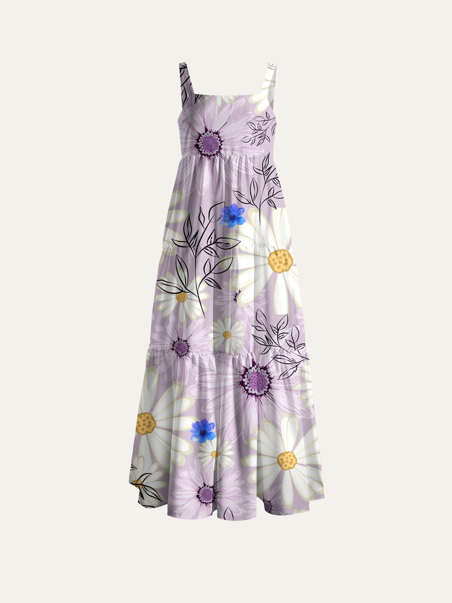 Cottagecore Lilac Daisy & Leaves Adjustable Wide Straps Maxi Dress